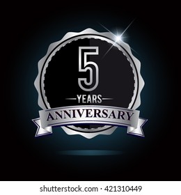 5th anniversary logo with ribbon and silver shiny badge, vector design for birthday celebration