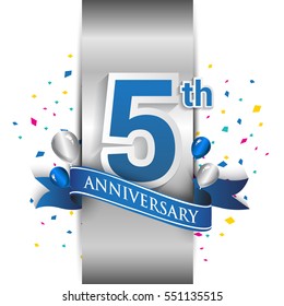 5th anniversary logo with silver label and blue ribbon, balloons, confetti. five Years birthday Celebration Design for party, and invitation card