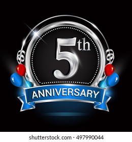5th anniversary logo with silver ring,balloons and blue ribbon. Vector design template elements for your birthday celebration.