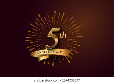 5th anniversary logotype with fireworks and golden ribbon, isolated on elegant background. vector anniversary for celebration, invitation card, and greeting card.