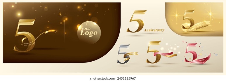 Logotipo del quinto aniversario número de oro moderno con cinta brillante. Logotipo alternativo número de la celebración del aniversario de oro