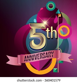 5th Anniversary, Party poster, banner and invitation - background geometric glowing element. Vector Illustration