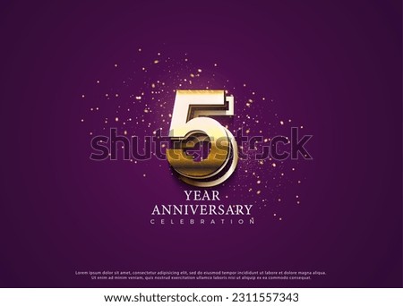 5th anniversary with purple background and gold glitter. vector premium design.