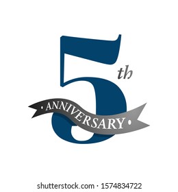 5th anniversary vector logo illustration. 5 years anniversary celebration design logotype with number and ribbon. five years celebration event sign symbol on white background.