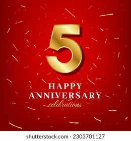 5th anniversary vector template with a golden number and golden confetti spread on a red background