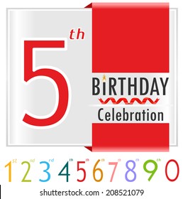 5th birthday,  5 year celebration card with vibrant colors and ribbon - vector illustration