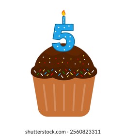 5th Birthday Cake. Chocolate cupcake clip art vector. Cupcake with colourful mess candy isolated on a white background. Anniversary cake. Birthday cake. Valentine cupcake