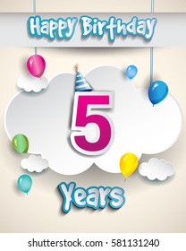 5th birthday Celebration Design, with clouds and balloons. Design greeting card and invitation for the celebration party of five years anniversary