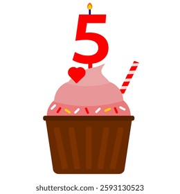 5th birthday cupcake cartoon clip art. Cupcake chocolate cartoon flat style. Isolated white background