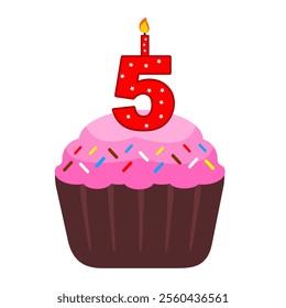 5th birthday cupcake. Pink cupcake with a numeral red candle on top. Birthday or Anniversary event element. Sweet Desert. Pink cupcake clip art cartoon style isolated in white background