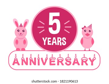 5th birthday. Five years anniversary celebration banner with pink animals theme for kids.