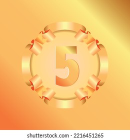 5th birthday with gold ribbon, vector illustration