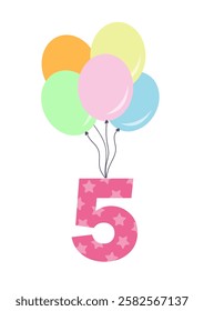 5th birthday party decoration. Number five with colorful balloons. Flat vector illustration isolated on white.