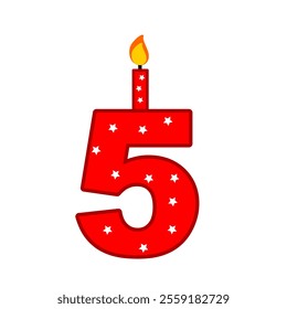 5th candle birthday. Numeral candle vector art illustration. Birthday cake candle clip art suitable to print out and cut out.Red numeral candle and white star element