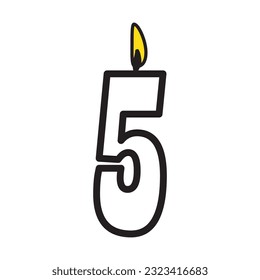 5th Candles birthday icon, Birthday candles with burning flames isolated on light brown background. Vector design elements 