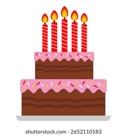 5º aniversário de chocolate bolo de tarte de vela vermelha com ilustração de vetor de cor de cobertura rosa. Estilo plano de desenho animado de bolo de aniversário. Iniciar clip art bolo doce