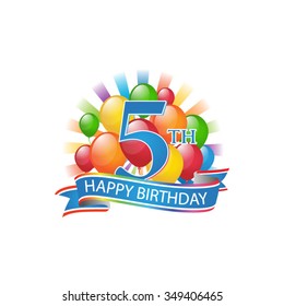 5th colorful happy birthday logo with balloons and burst of light