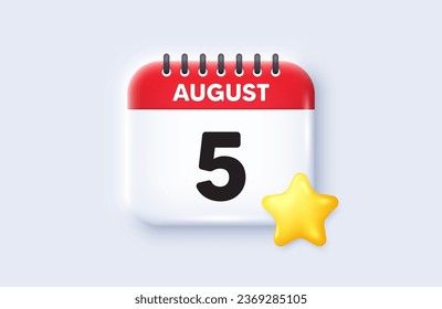 5th day of the month icon. Calendar date 3d icon. Event schedule date. Meeting appointment time. 5th day of August month. Calendar event reminder date. Vector