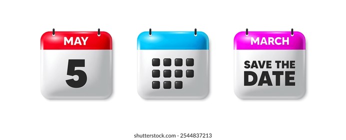 5th day of the month icon. Calendar save the date 3d icon. Event schedule date. Meeting appointment time. 5th day calendar message. Save the date month banner. Day or Monthly of schedule. Vector
