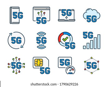 5th Generation Network related vector color line icon set. 5G Technology outline colorful icons. 5G Wireless Internet icon collection.