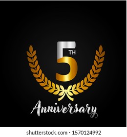 5th gold anniversary celebration logo with golden color and laurel wreath vector design