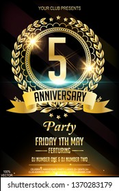 5th golden anniversary celebration poster or flyer with GOLDEN ring and golden ribbon. Anniversary Party Flyer is unique and colorful party flyer with a golden wreath on abstract background. 