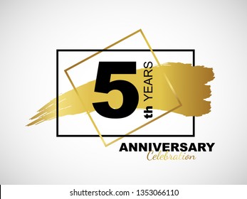 5th golden anniversary icon celebration with frame and hand drawn ink brush gold ribbon. Vector template element for your 5 birthday party poster greeting card on white background and black number.