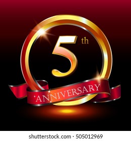 5th golden anniversary logo, 5 years anniversary celebration with ring and ribbon.