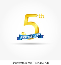 5th golden Anniversary logo with blue ribbon isolated on white background. 3d gold 5th Anniversary logo