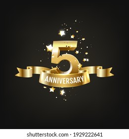 5th golden anniversary logo celebration with ring and ribbon. Vector template elements for your birthday party.