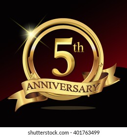 5th golden anniversary logo celebration with ring and ribbon. Vector template elements for your birthday party.
