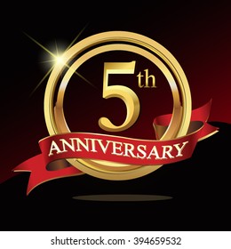 5th golden anniversary logo. with ring and ribbon.