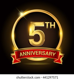 5th golden anniversary logo with ring and red ribbon isolated on black background, vector design for birthday celebration, marriage, corporate, and your business.