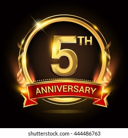5th golden anniversary logo with ring and red ribbon, vector design.