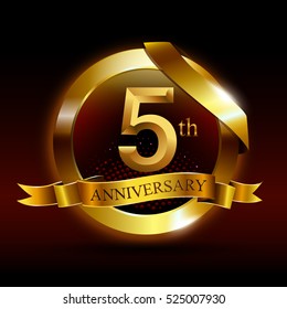 5th golden anniversary logo with ring and ribbon, on black background vector design.