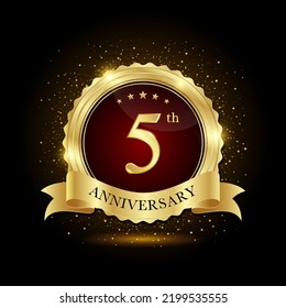 5th golden anniversary logo, with shiny ring and golg ribbon, isolated on black background, vector design
