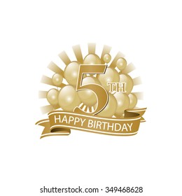 5th golden happy birthday logo with balloons and burst of light