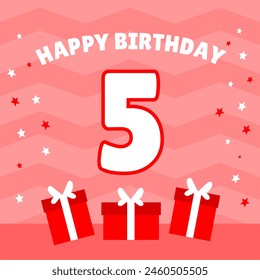 5th happy birthday card. invitation card. pink theme birthday with gift box element