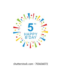 5th Happy Birthday logo, circle shape, colorful sunburst, red blue green yellow color