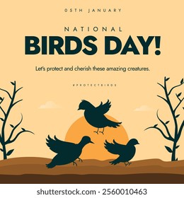 5th January Birds Day. National Birds Day post for social media awareness. Bird Life post with flying birds silhouette, sun and trees. This day raise awareness about bird life and care for them.