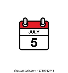 5th of July flat day of the month calendar icon. Date and time schedule concept. Vector illustration design