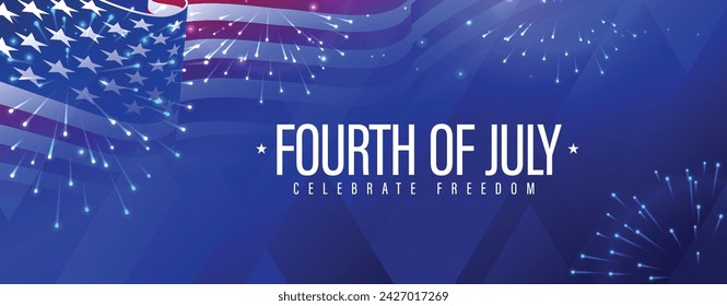 5th of July independence day celebration banner with fireworks, and usa waving flag on dark blue background. Vector illustration.