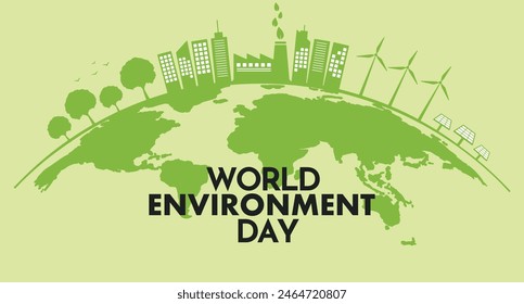 5th June of the year, World Environment day concept design. World map showing green environment day vector illustration text and background