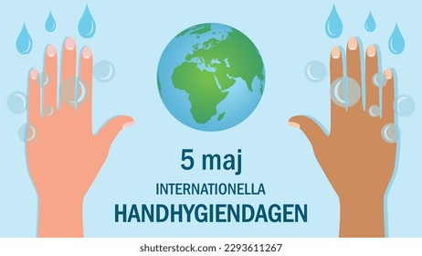 5th of mai, The international hand hygiene day. Text in Swedish (Sweden). Banner in 16:9 dimension. Vector illustration.