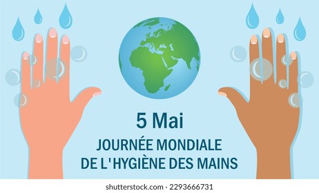 5th of mai, World international hand hygiene day. Text in French (France). Banner in 16:9 dimension. Vector illustration.