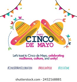 5. Mai Cinco de Mayo. Happy Cinco De Mayo Social Media Feier Banner mit bunten Text, mexikanischen Hüten, abstrakte moderne Elemente für mexikanische Fiesta. Ankündigungskarte oder Banner.