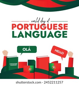 5. Mai Welttag der portugiesischen Sprache. Banner zum Tag der portugiesischen Sprache mit Sprachblasen von Ola und Hello. Handgelenk Hände heben in Portugiesischer Flagge Farbe. Rote, grüne Elemente.	