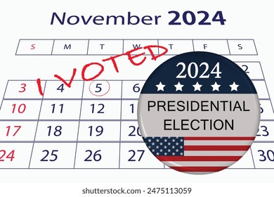 5th november Presidential election day in the United States. Vote 2024. Election 2024 USA. Political election campaign banner. Badge design with Vote on November 5 US.