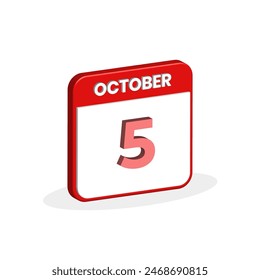 5th October calendar 3D icon. 3D October 5 calendar Date, Month icon vector illustrator