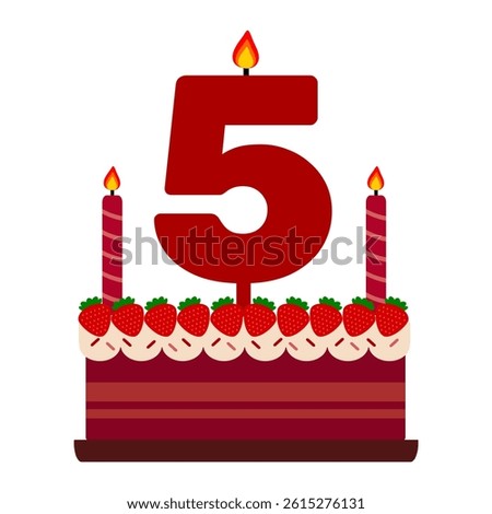 5th red candle birthday cake. Numeral candle. Cartoon strawberry tart with creamy cream clip art vector illustration. Birthday or anniversary tart